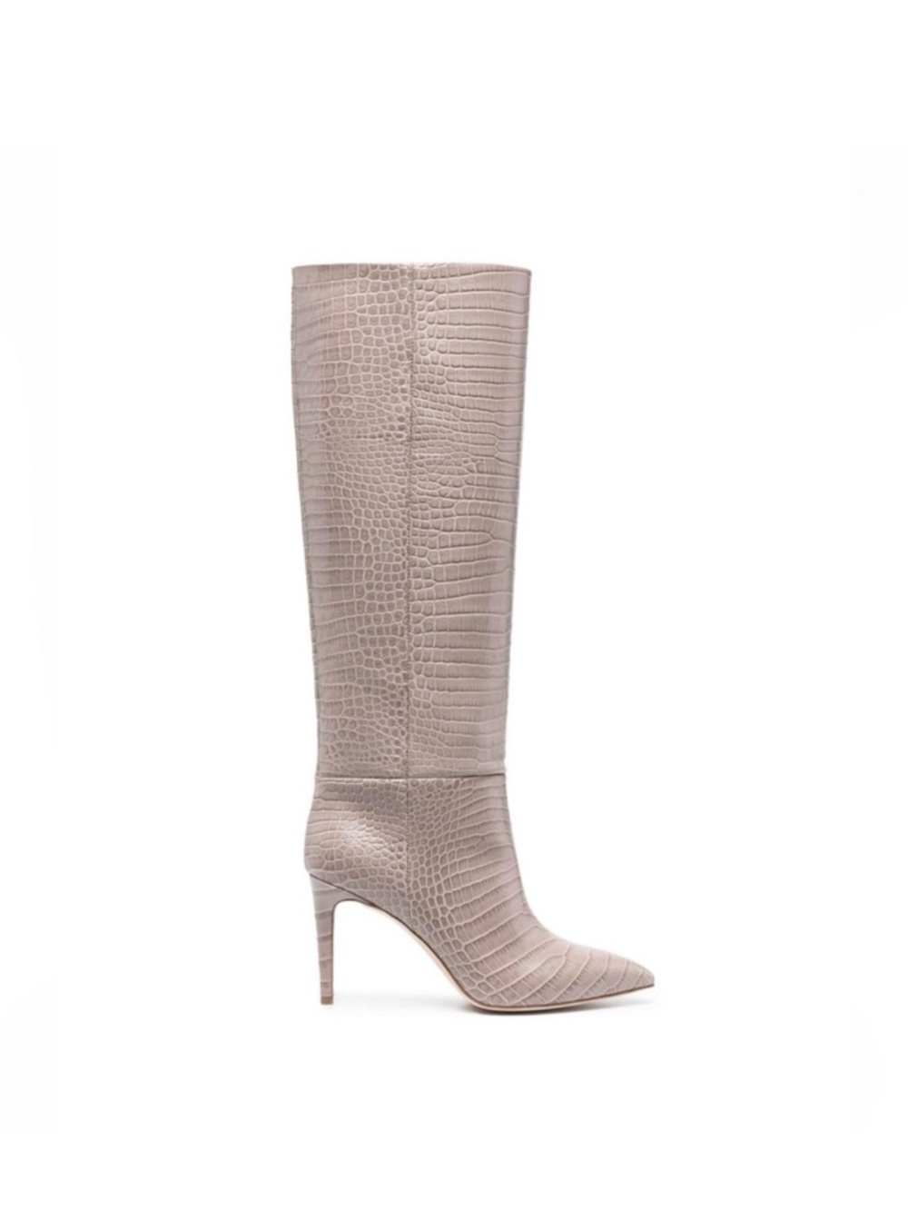 Paris Texas Knee-High Pointed Stiletto Boots in Light Gray Croc-Embossed Sz 38.5